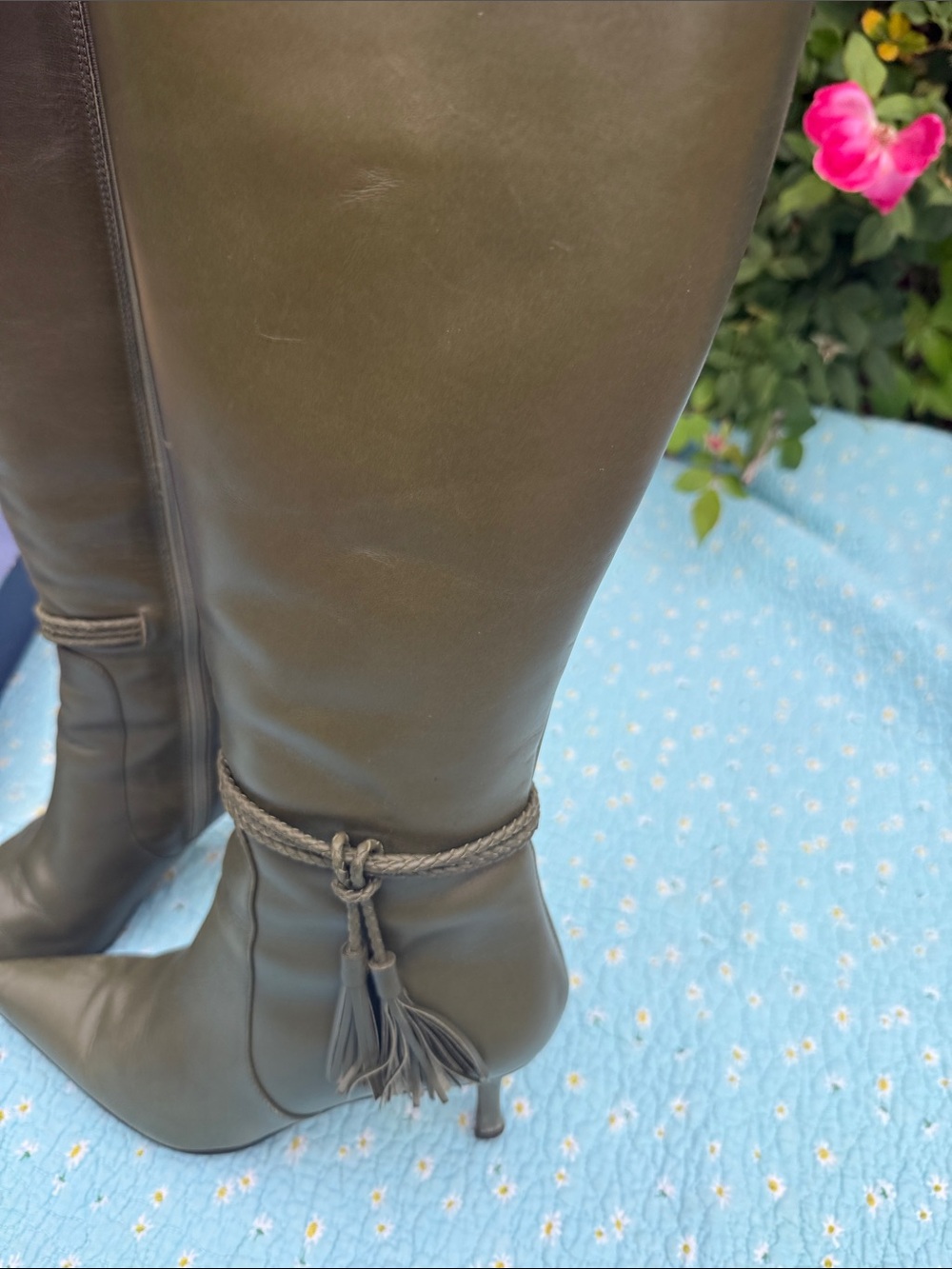 Faconnable Olive Green Knee-High Pointed-Toe Leather Boots - Picture 3 of 12